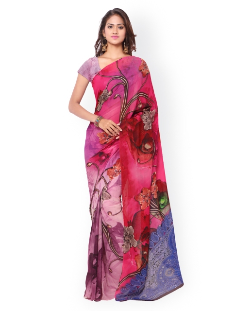 

Ligalz Pink Chiffon Floral Print Saree