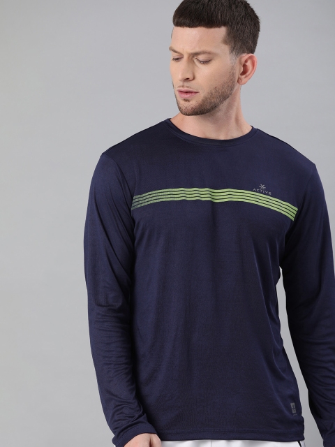 

WROGN ACTIVE Men Navy Blue & Fluorescent Green Striped Slim-Fit Round Neck T-shirt