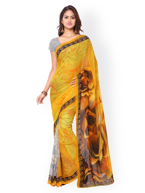 

Ligalz Yellow Chiffon Floral Print Saree