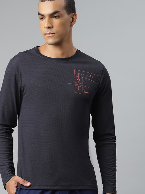 

WROGN ACTIVE Men Navy Blue Slim Fit Self-Checked Round Neck T-shirt