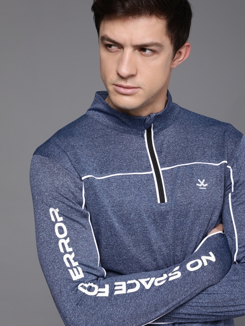 

WROGN ACTIVE Men Blue & White Brand Logo Printed High Neck Slim Fit T-shirt