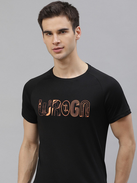 

WROGN ACTIVE Men Black & Orange Slim Fit Brand Logo Print Round Neck T-shirt