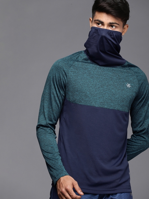 

WROGN ACTIVE Men Navy Blue & Teal Green Colourblocked Turtle Neck Slim Fit T-shirt