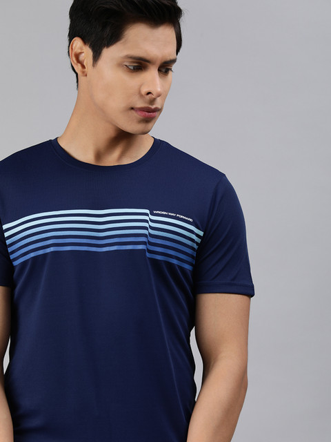 

WROGN ACTIVE Men Navy Blue Striped Slim Fit T-shirt