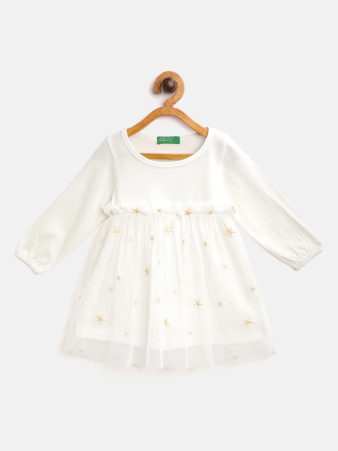 

United Colors of Benetton Girls White & Golden Embroidered Pure Cotton Fit & Flare Dress