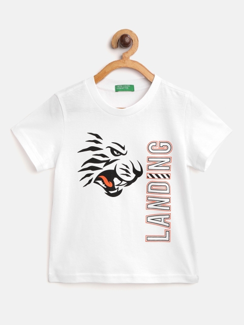 

United Colors of Benetton Boys White Black Tiger Print Round Neck Pure Cotton T-shirt