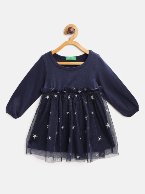 

United Colors of Benetton Girls Navy Blue & Silver Embroidered Cotton Fit and Flare Dress