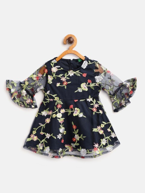 

United Colors of Benetton Girls Navy Blue & Green Floral Embroidered Fit and Flare Dress