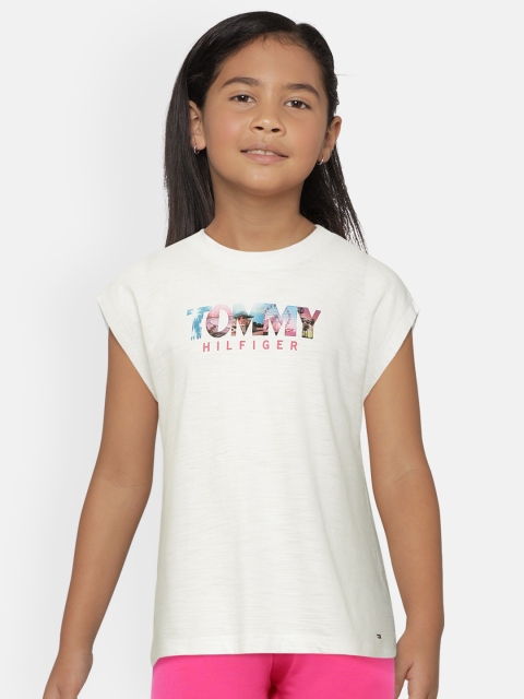 

Tommy Hilfiger Girls White Printed Cotton Round Neck Pure Cotton T-shirt