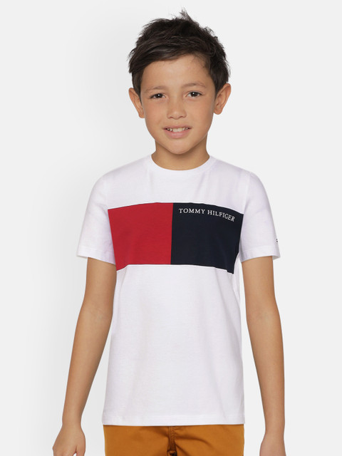 

Tommy Hilfiger Boys White Red & Navy Blue Colourblocked Cotton Round Neck T-shirt