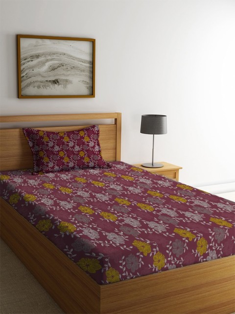 

MAYFAIR HOMES LONDON Maroon & Yellow Floral 104 TC Cotton 1 Single Bedsheet with 1 Pillow Covers