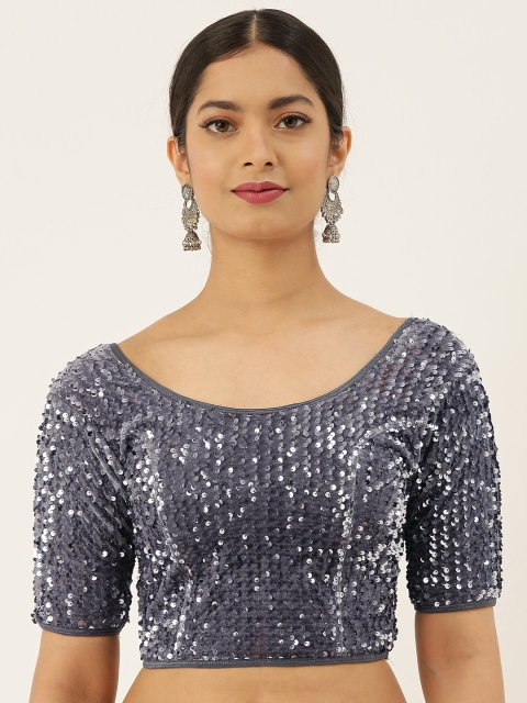 

VASTRANAND Women Grey Embellished Sequence Stretchable Velvet Saree Blouse