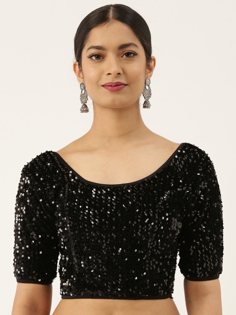 

VASTRANAND Women Black-Coloured Solid Stretchable Embellished Sequence Saree Blouse