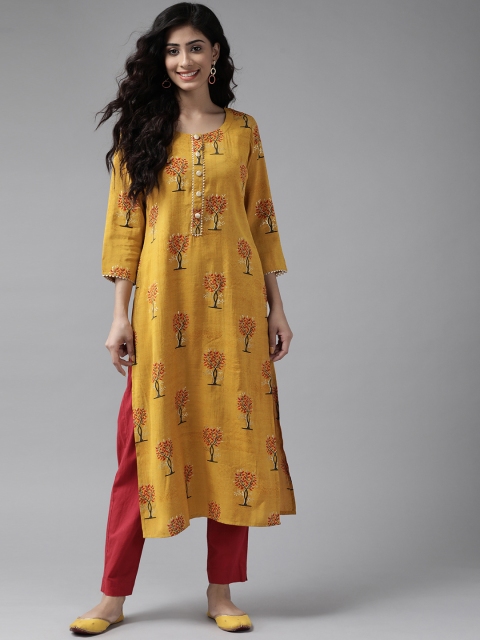 

Ginni Arora Label Women Mustard Yellow & Orange Foil Printed Straight Kurta