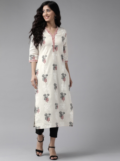 

Ginni Arora Label Women Off White & Charcoal Grey Ethnic Motifs Printed Kurta
