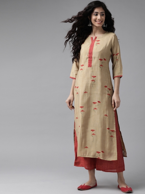 

Ginni Arora Label Women Beige & Maroon Floral Print Pure Silk Kurta with Palazzos