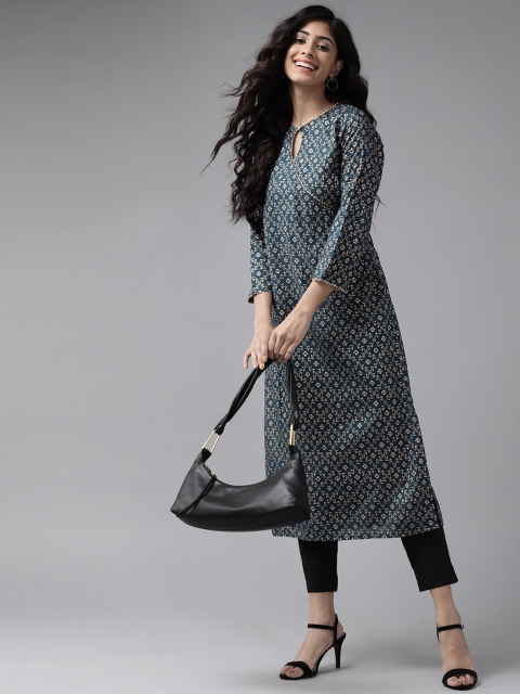 

Ginni Arora Label Women Teal Green & Golden Ethnic Motif Foil Printed Keyhole Neck Kurta