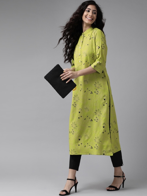 

Ginni Arora Label Women Lime Green & Golden Floral Foil Printed Kurta