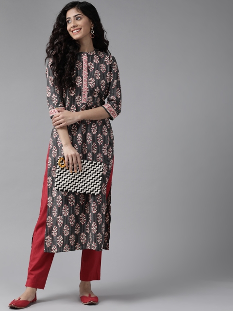 

Ginni Arora Label Women Charcoal Grey & Beige Ethnic Motifs Printed Kurta