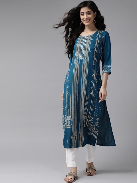 

Ginni Arora Label Women Teal Blue & Golden Ethnic Motifs Block Print Kurta