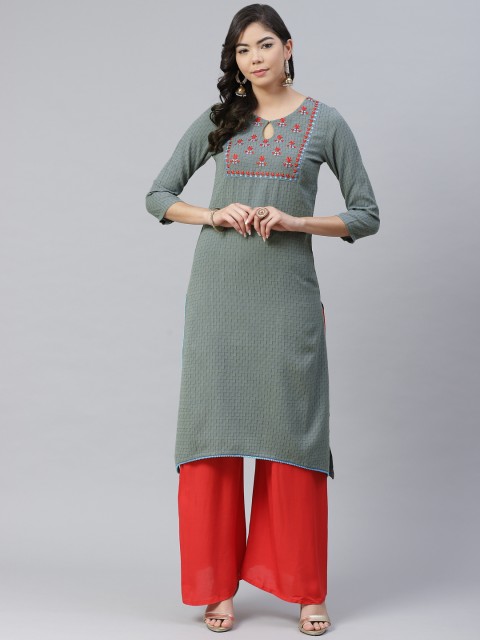 

Women Grey & Green Checked Asymmetric Hem Straight Kurta