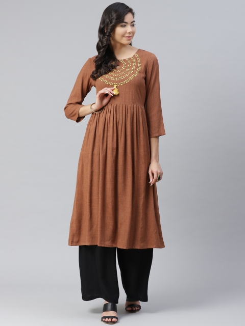 

Sbo Fashion Women Brown Floral Yoke Design Round Neck A-Line Kurta