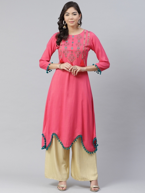 

Sbo Fashion Women Pink & Green Ethnic Motifs Scalloped Hem Yoke Design A-Line Kurta