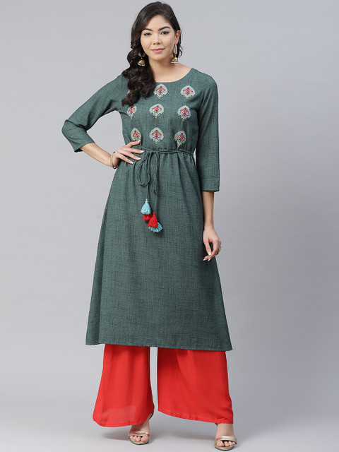 

Sbo Fashion Women Green Ethnic Motifs Yoke Design Thread Work Kurta