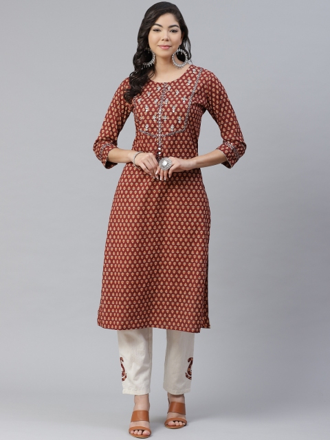 

Anubhutee Women Maroon Ethnic Motifs Printed Straight Kurta with Trousers