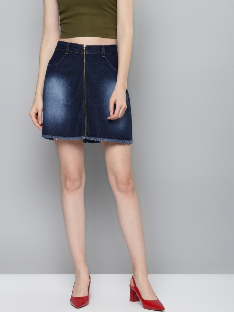 

SASSAFRAS Women Navy Blue Pure Cotton Washed Denim A-Line Skirt