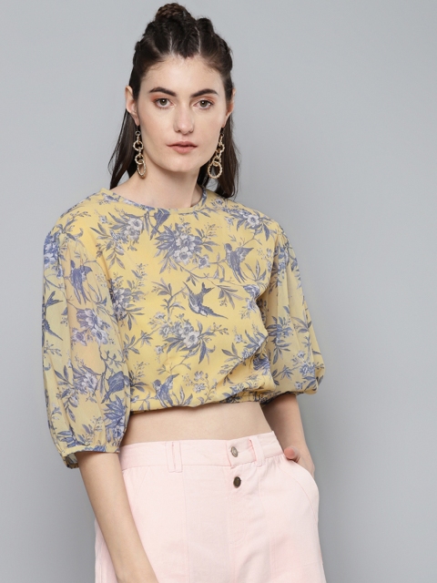 

SASSAFRAS Yellow & Blue Floral Printed Puff Sleeves Blouson Crop Top