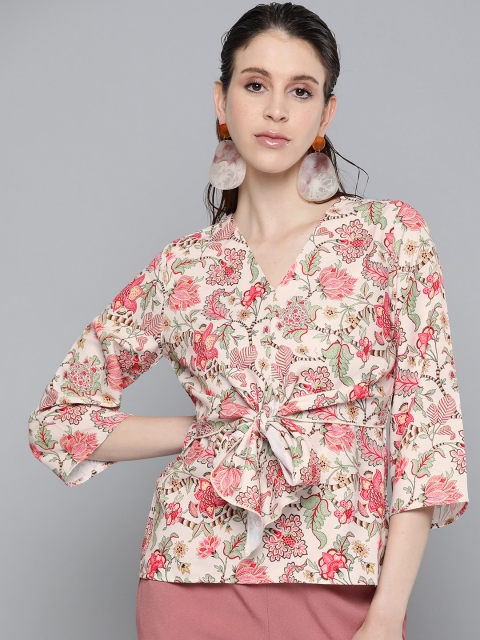 

Sassafras Beige & Pink Floral Printed Regular Top