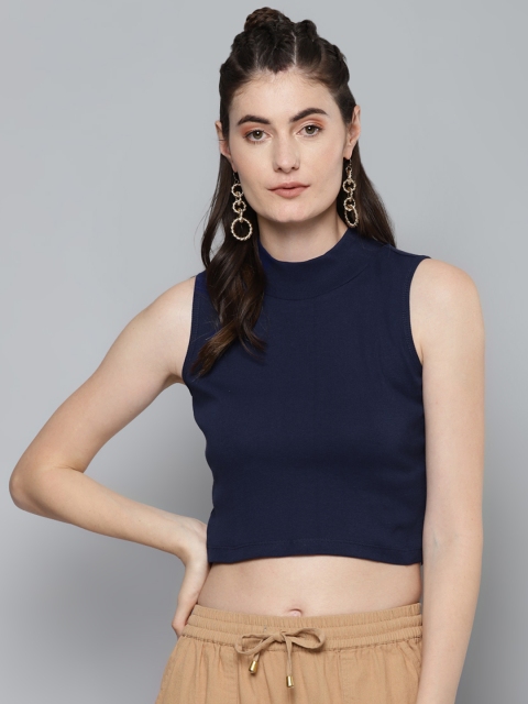 

SASSAFRAS Women Navy Blue Pure Cotton Regular Crop Top