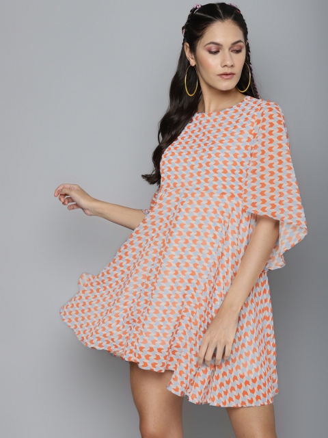 

SASSAFRAS Women Orange & Blue Printed Fit and Flare Dress