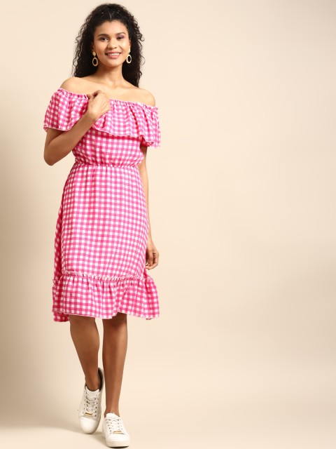 

DODO & MOA Women Pink & White Checked Off Shoulder A-Line Dress