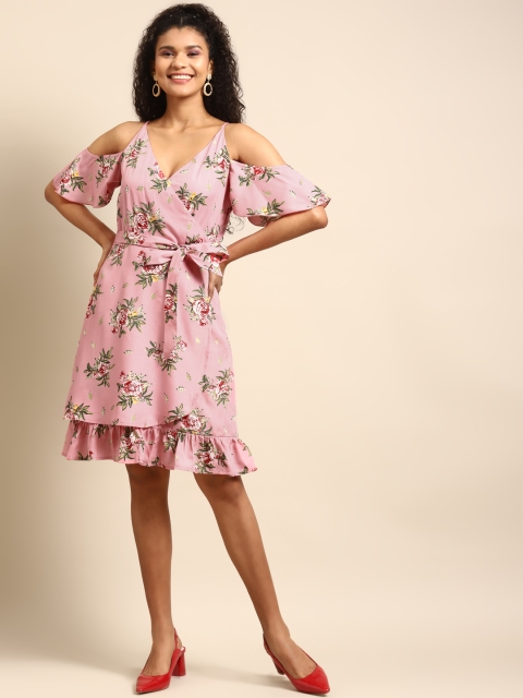 

DODO & MOA Women Pink & Green Floral Printed Wrap Dress