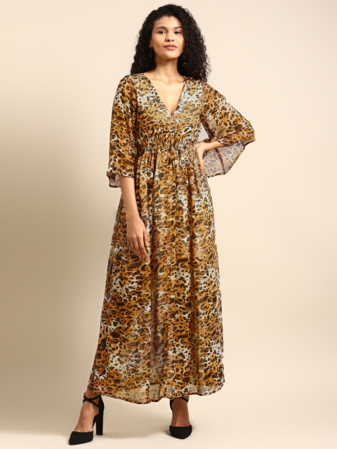 

DODO & MOA Women Mustard Yellow & Black Animal Print Maxi Dress