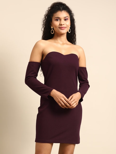 

DODO & MOA Women Maroon Solid Off-Shoulder Sheath Dress