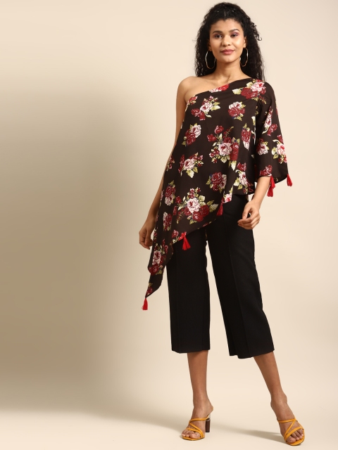 

DODO & MOA Women Coffee Brown Floral Print One Shoulder Flared Sleeves Crepe Cape Top