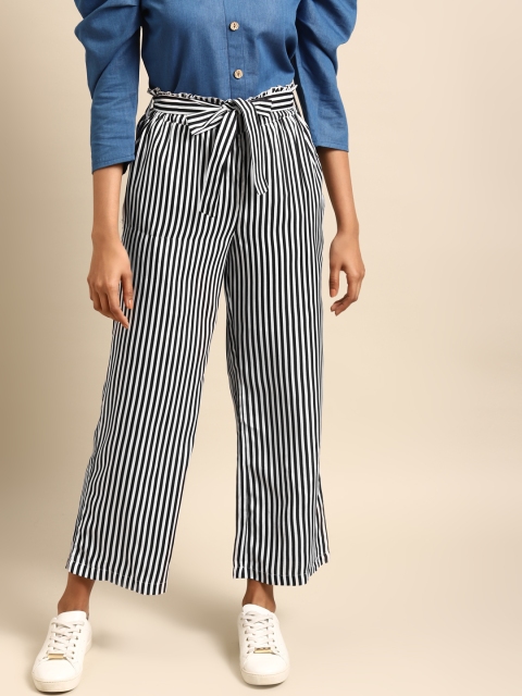 

DODO & MOA Women Black & White Striped Parallel Trousers with Belt