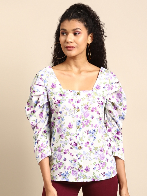 

DODO & MOA Women White Floral Print Puff Sleeves Crepe Regular Top