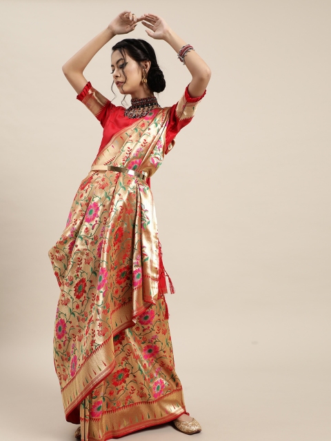 

Inddus Golden & Red Woven Design Zari Paithani Saree, Gold