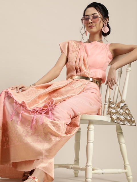 

Inddus Pink & Golden Woven Design Zari Chanderi Saree
