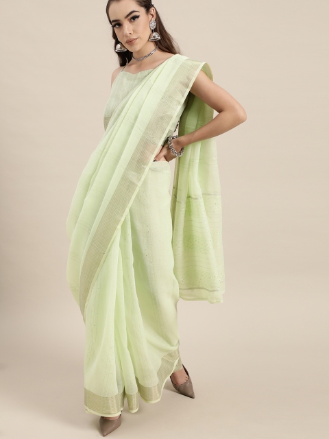 

Inddus Green & Silver Sequinned Striped Zari Saree