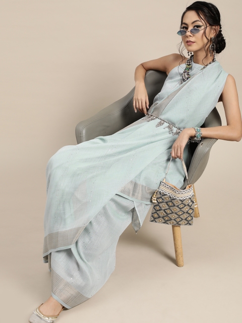 

Inddus Blue & Silver Sequinned Striped Saree
