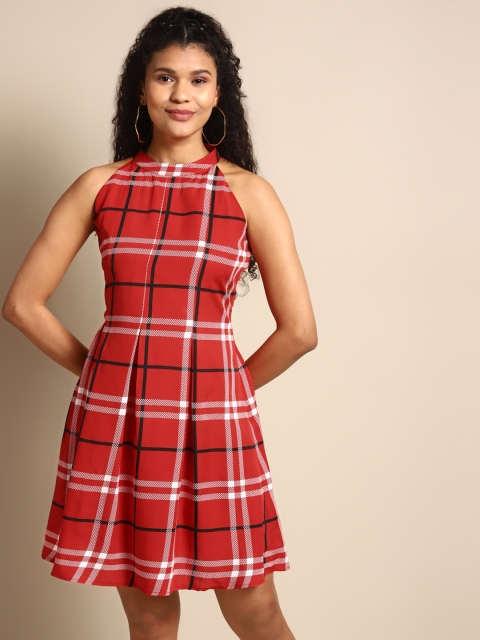 

DODO & MOA Women Red & White Checked A-Line Dress