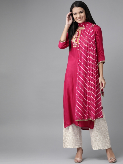 

Rain & Rainbow Women Pink & Off-White Embroidered Kurta with Palazzos & Dupatta