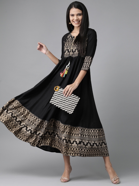 

Rain & Rainbow Women Black & Golden Ethnic Motif Print Midi A-line Dress