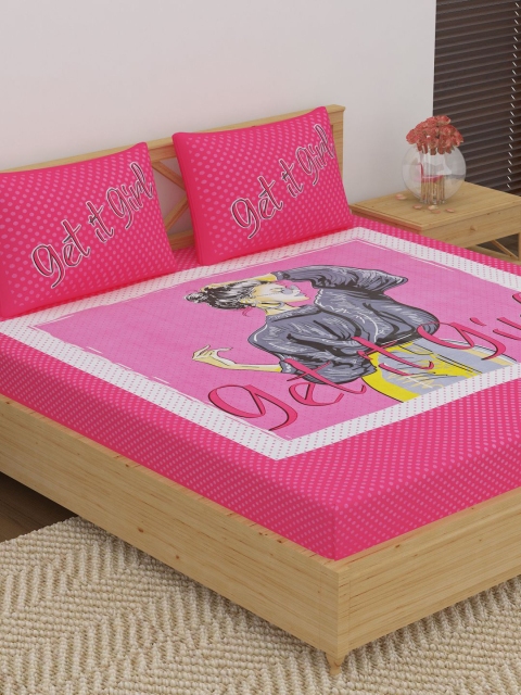 

METRO LIVING Pink Graphic 104 TC Cotton 1 Queen Bedsheet with 2 Pillow Covers