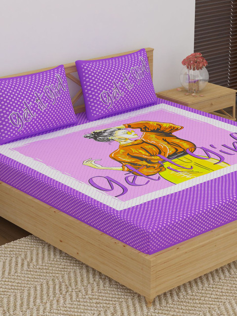 

METRO LIVING Purple & White Graphic 104 TC Cotton 1 Queen Bedsheet with 2 Pillow Covers